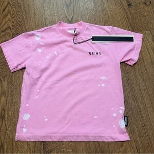 nununu Pink Splatter kid T-Shirt size 3-4 years NWT crewneck raw hem